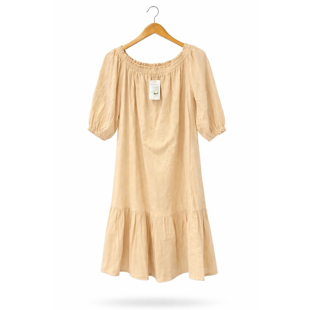 Sadara Rosie Gauze Cotton Dress M Beige Off Shoulder Made USA Boho Tiered Midi M